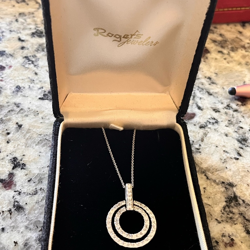 Silver 925 Brilliant CZs Double Circle Necklace in Original Jewelers’ Velvet Box